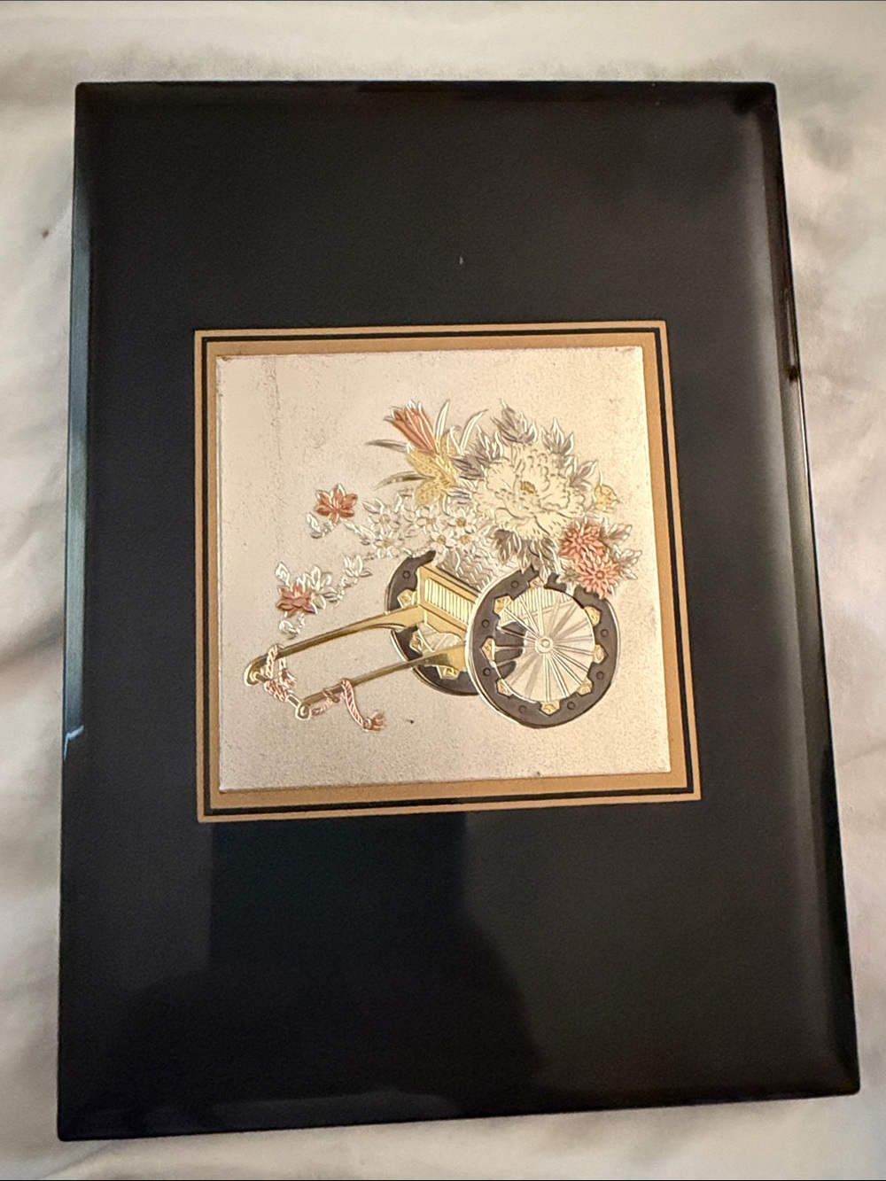 Vintage Japanese Chokin Art Lacquerware Address Book Black Gold Flower Cart
